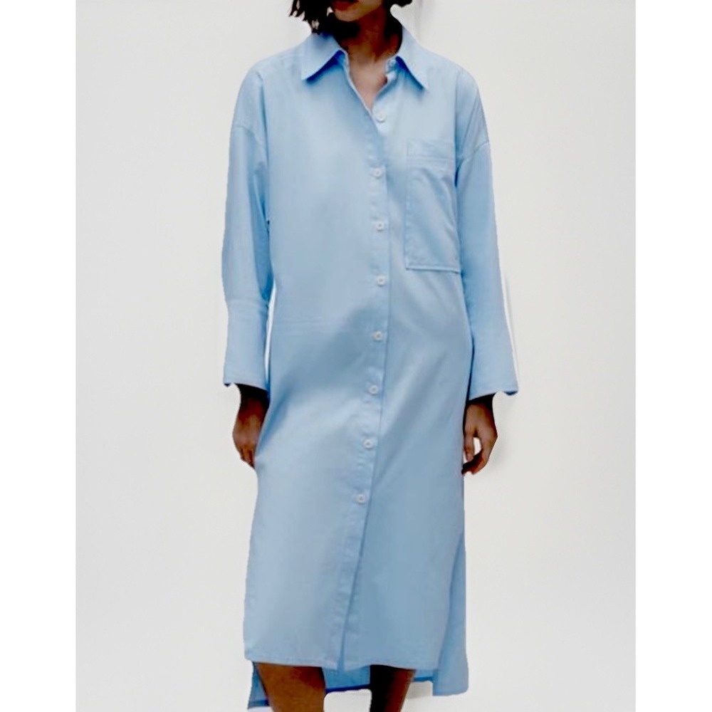 Zara Oversized One Pocket Wide Sleeve Split Hem Shirt Dress Light Blue Sz Small
